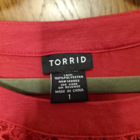 Torrid Knit Jersey Crew Neck Lace Inset Cold Shoulder Top - Picture 6 of 6